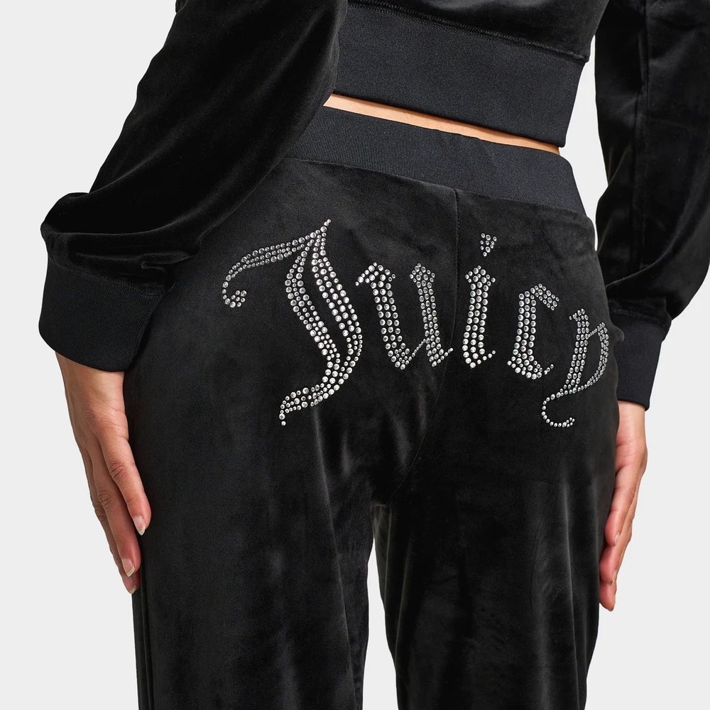 Juicy Couture Women OG Big Bling Velour Track Pants Liquorice Black Low Rise S